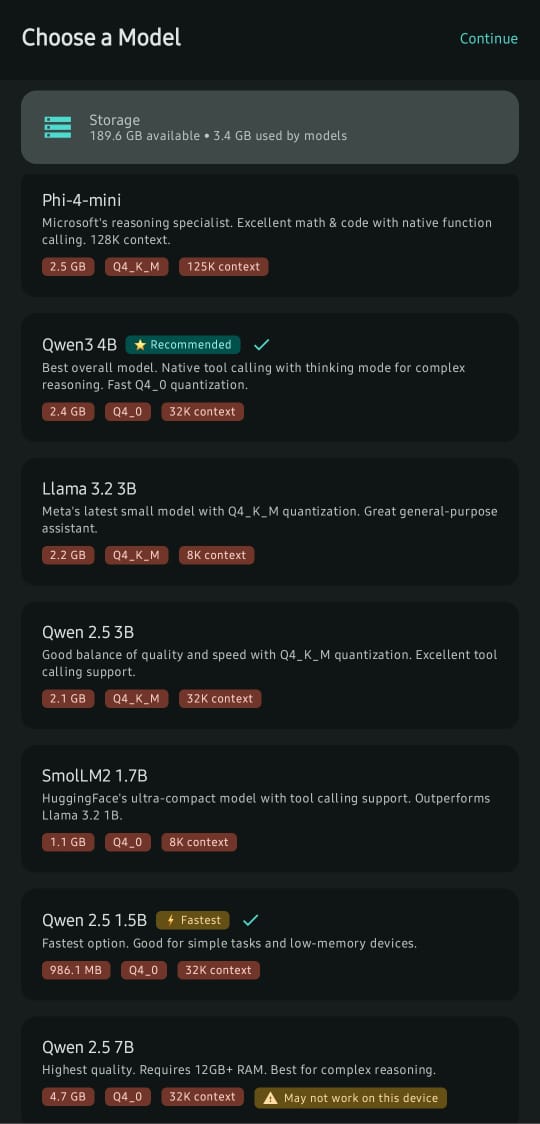 Model selection screen showing 7 AI models